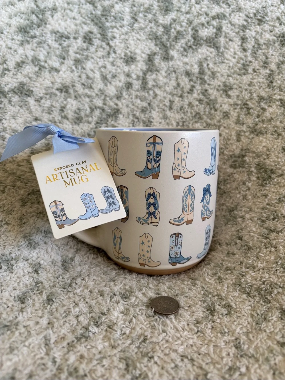 Cute Artisan Blue & Cream Cowboy Boot Ceramic Mug 16oz NWT Sunday Morning